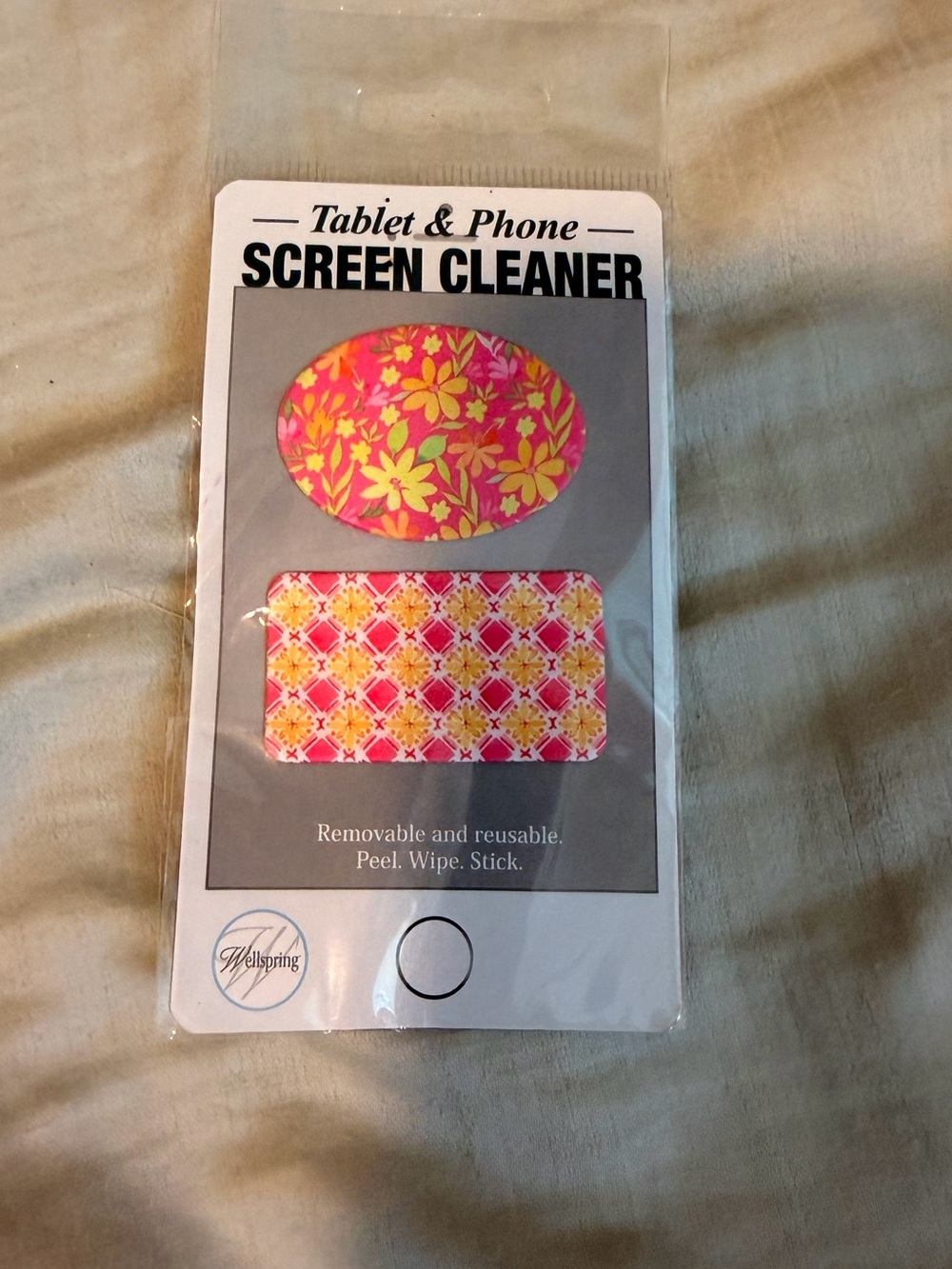 Wellspring reusable & removable pink yellow floral phone screen cleaner